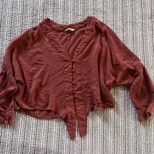 V-Neck Brick Red Button-Front Women's Blouse